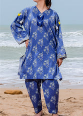 Blue Floral Printed 2 Piece Co-ord Set - Stitched