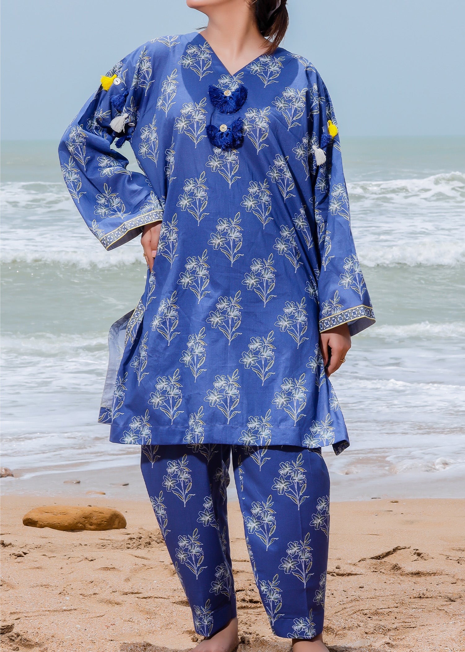 Blue Floral Printed 2 Piece Co-ord Set - Stitched