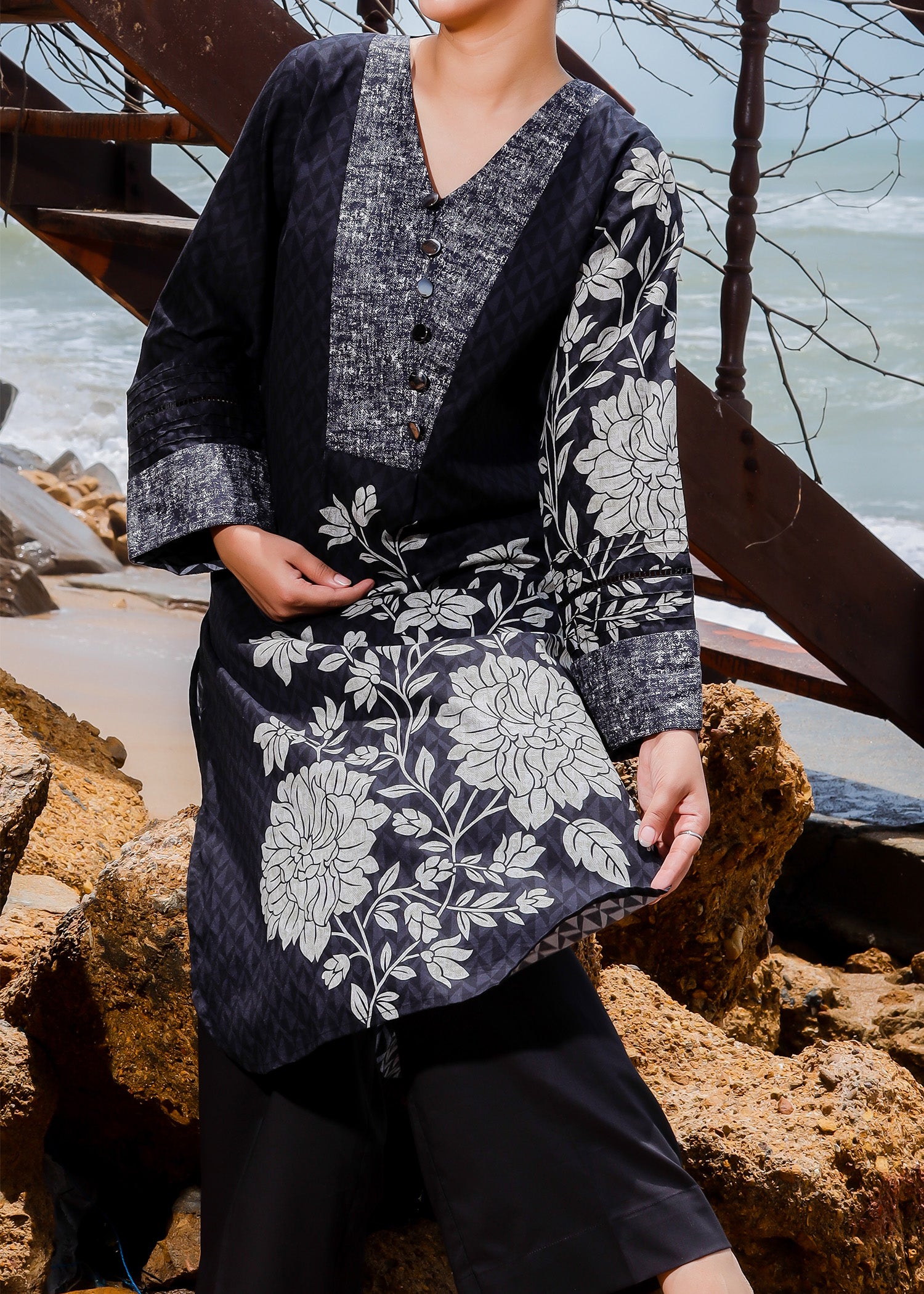 Black Floral Printed 2 Piece Co-ord Set - Stitched