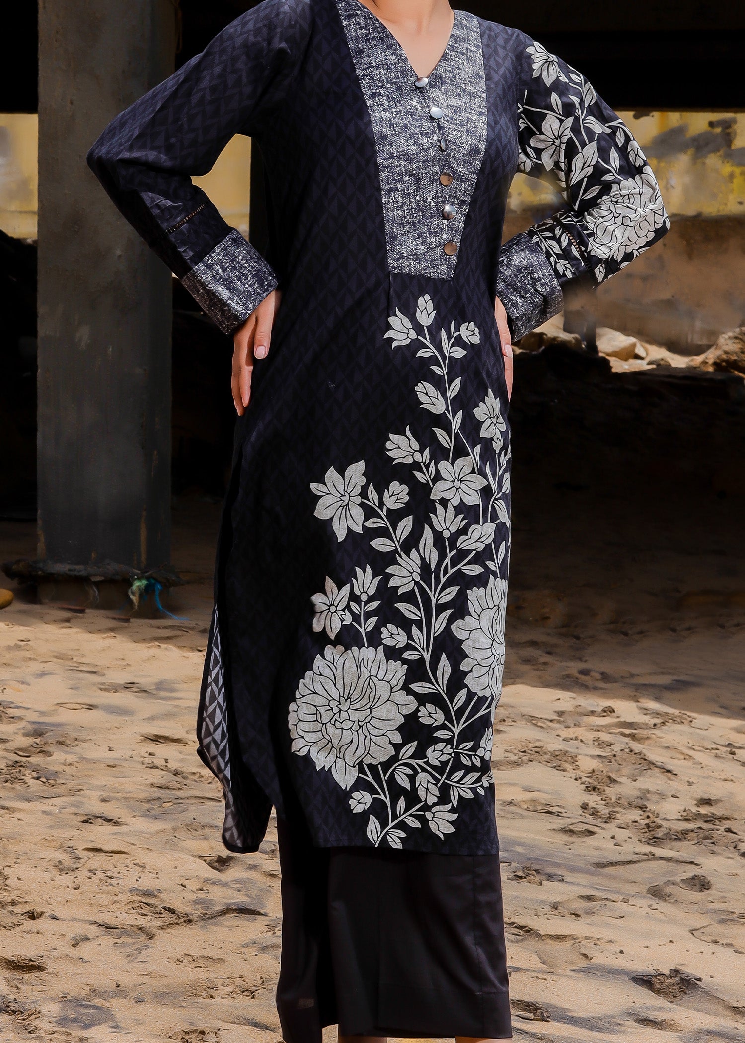 Black Floral Printed 2 Piece Co-ord Set - Stitched